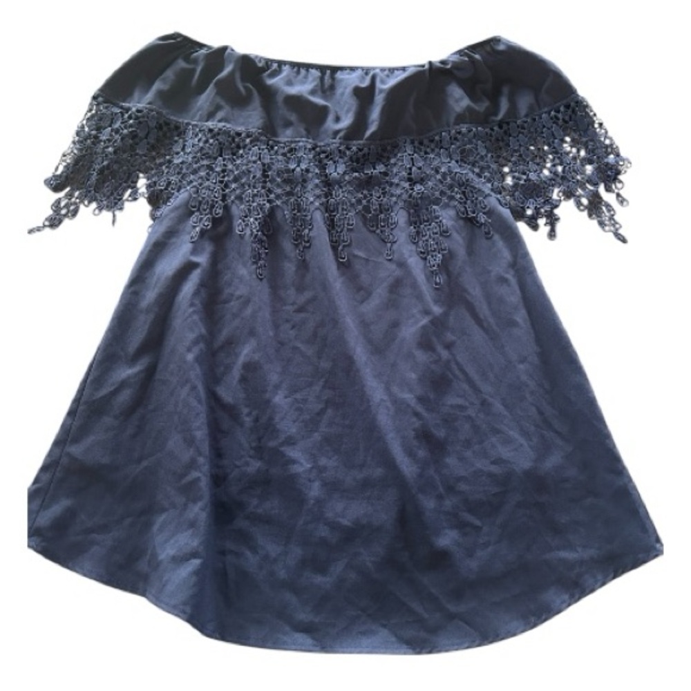 Sage navy lace off the shoulder mini dress